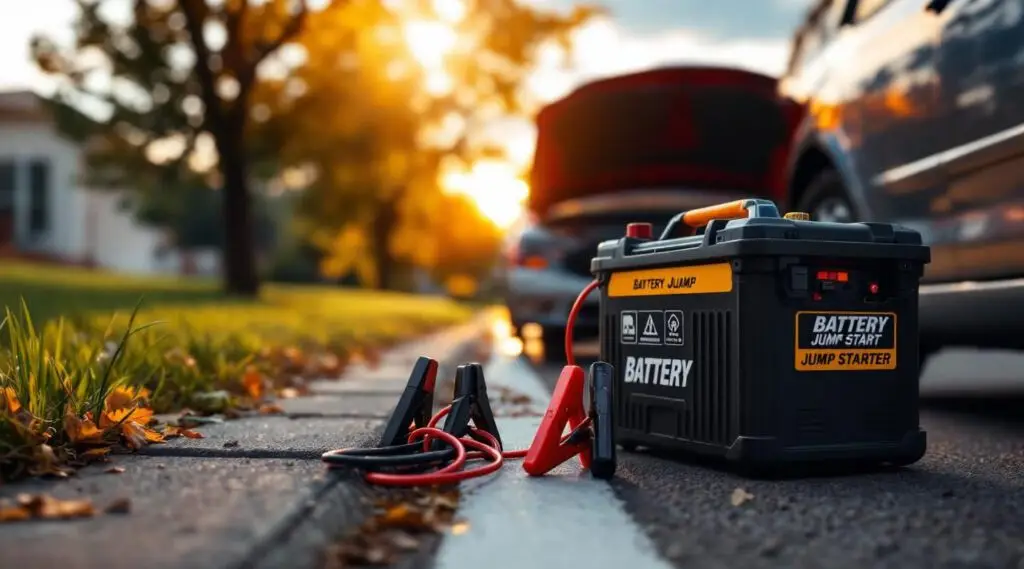 A Snappy Towing technician using a professional booster pack to jump start a car in Lithonia.