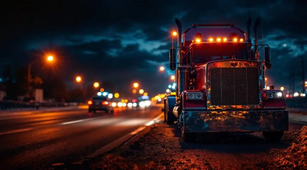 A Snappy Towing flatbed truck with amber safety lights assisting a disabled vehicle on the Lynnway at night in Lithonia.