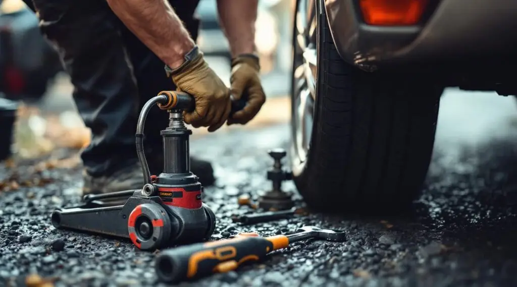 A professional Snappy Towing technician using a floor jack to change a flat tire on a busy Lithonia roadside at dusk.