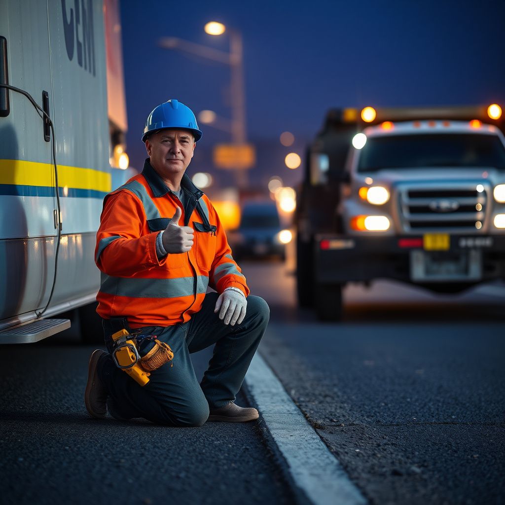 A Snappy Towing flatbed truck with its lights flashing, parked safely on the shoulder of a road in Smyrna, Georgia, ready to assist a stranded vehicle.