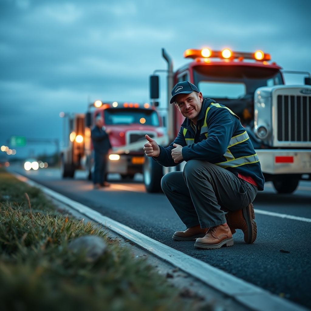 A Snappy Towing tow truck driver assisting a motorist with a flat tire on the side of a road in Douglasville, Georgia.