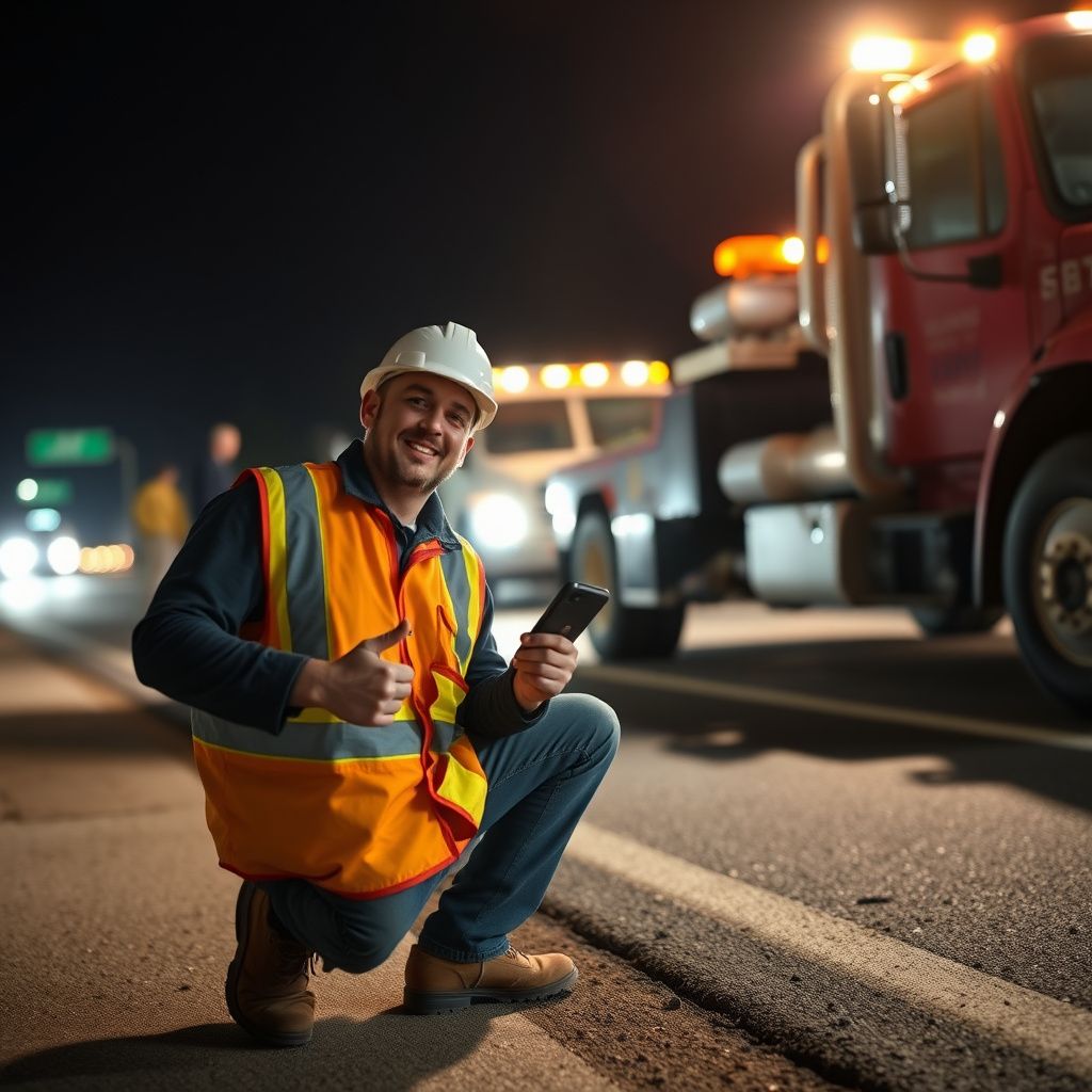 A Snappy Towing truck driver, wearing a high-visibility vest, smiling confidently next to a modern tow truck on a street in Tucker, Georgia, ready to assist.