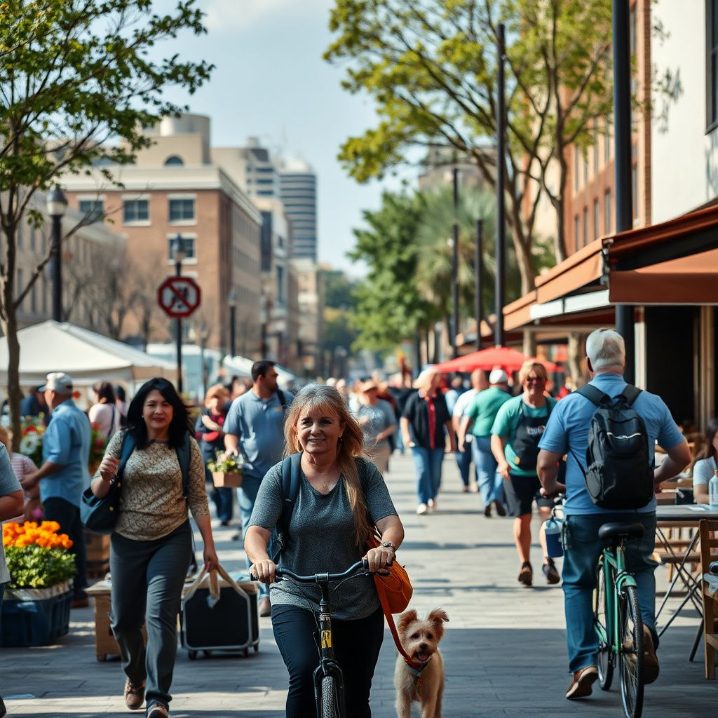 Historic brick buildings and storefronts lining Peachtree Road in Chamblee's Antique Row, with cars parked along the street and pedestrians enjoying the vibrant district.