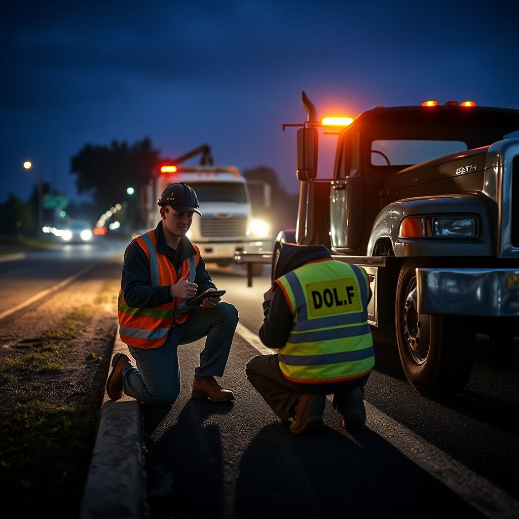 A Snappy Towing tow truck driver speaking calmly with a stranded motorist on a well-lit street in Morrow, Georgia, at dusk.