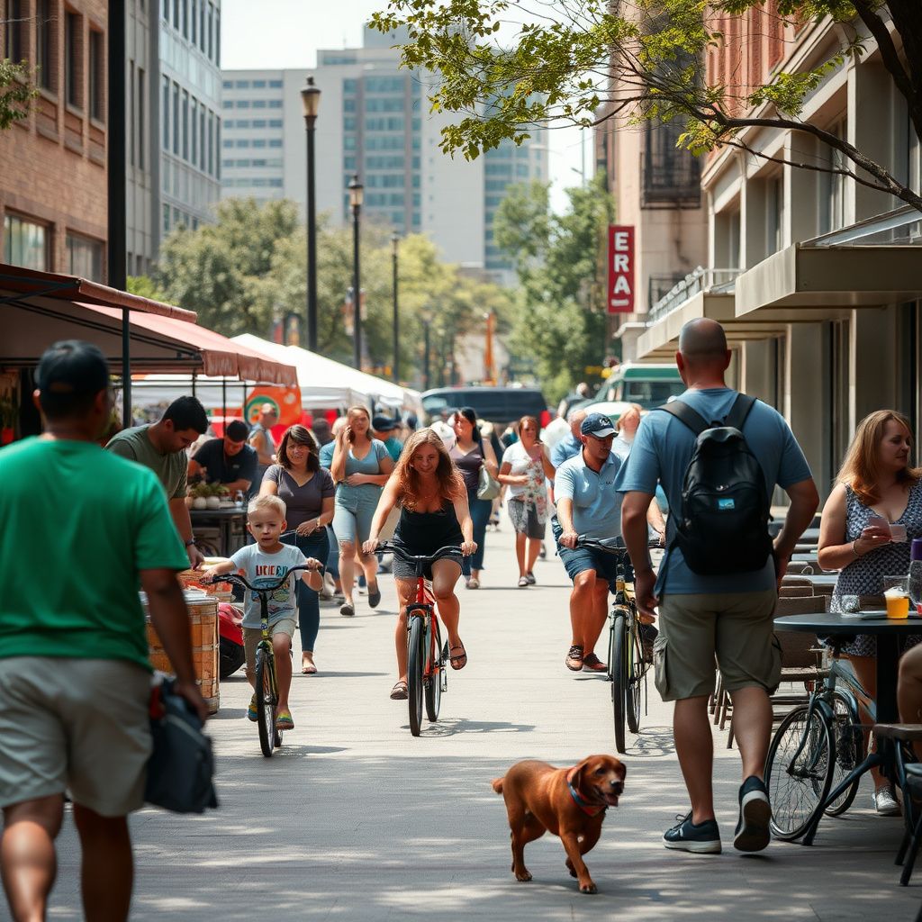A wide shot of the historic DeKalb County Courthouse on Decatur Square, surrounded by vibrant shops and restaurants, with people strolling on a sunny afternoon.