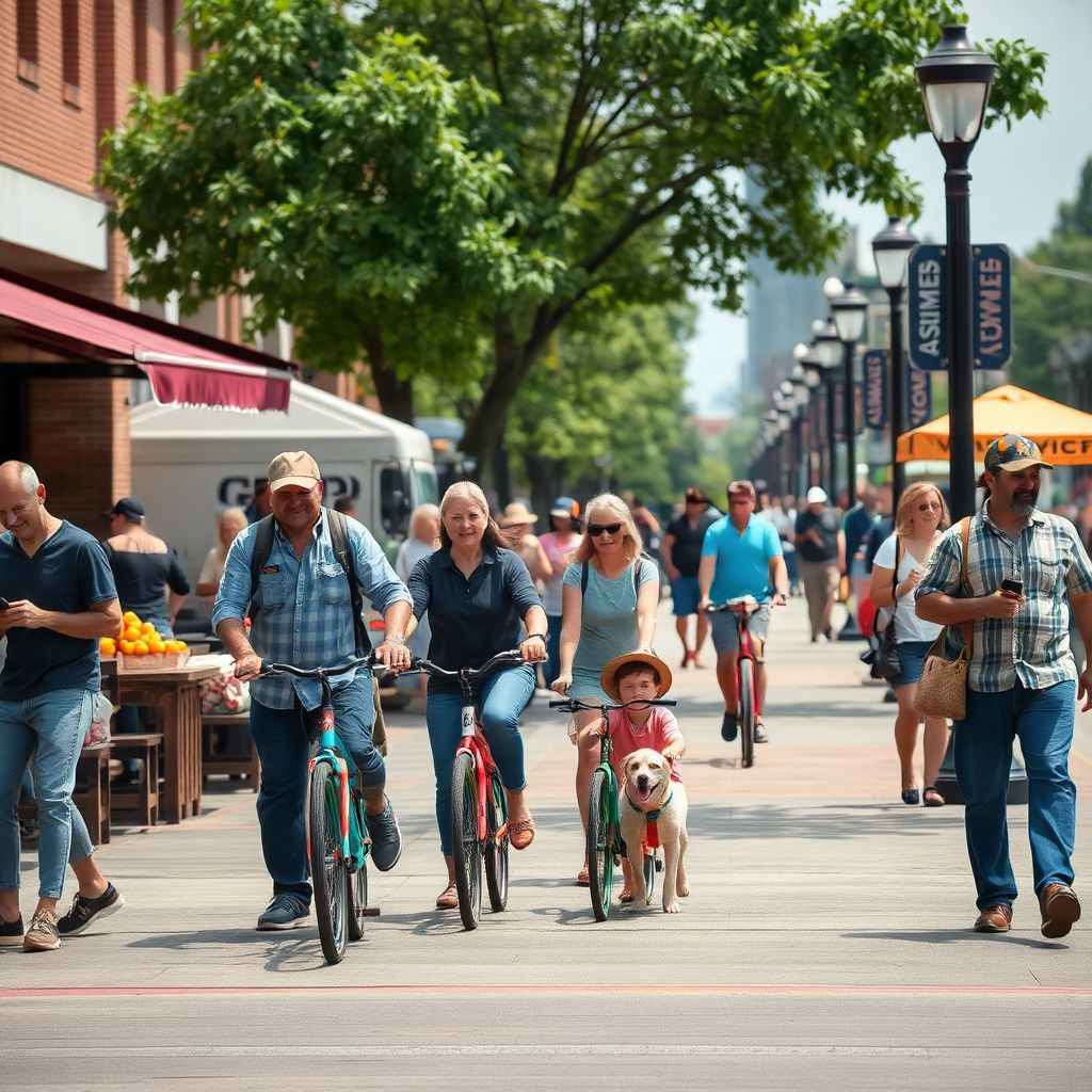 Historic Main Street in downtown East Point, Georgia, with brick buildings, local shops, and mature trees under a sunny sky, reflecting the city's community feel.