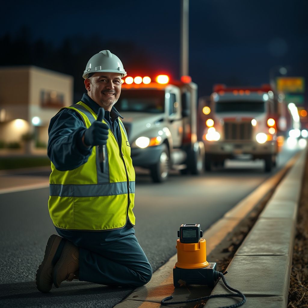 Professional tow truck operator smiling while standing next to a modern flatbed tow truck in Sandy Springs, Georgia.