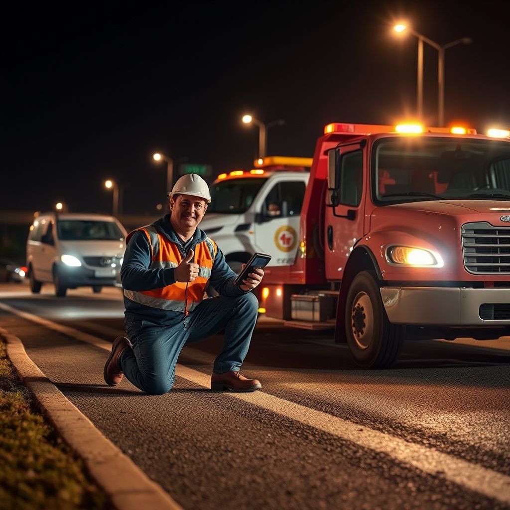 A Snappy Towing technician in uniform, smiling and giving a thumbs up next to a tow truck on a sunny day in Chamblee, Georgia.